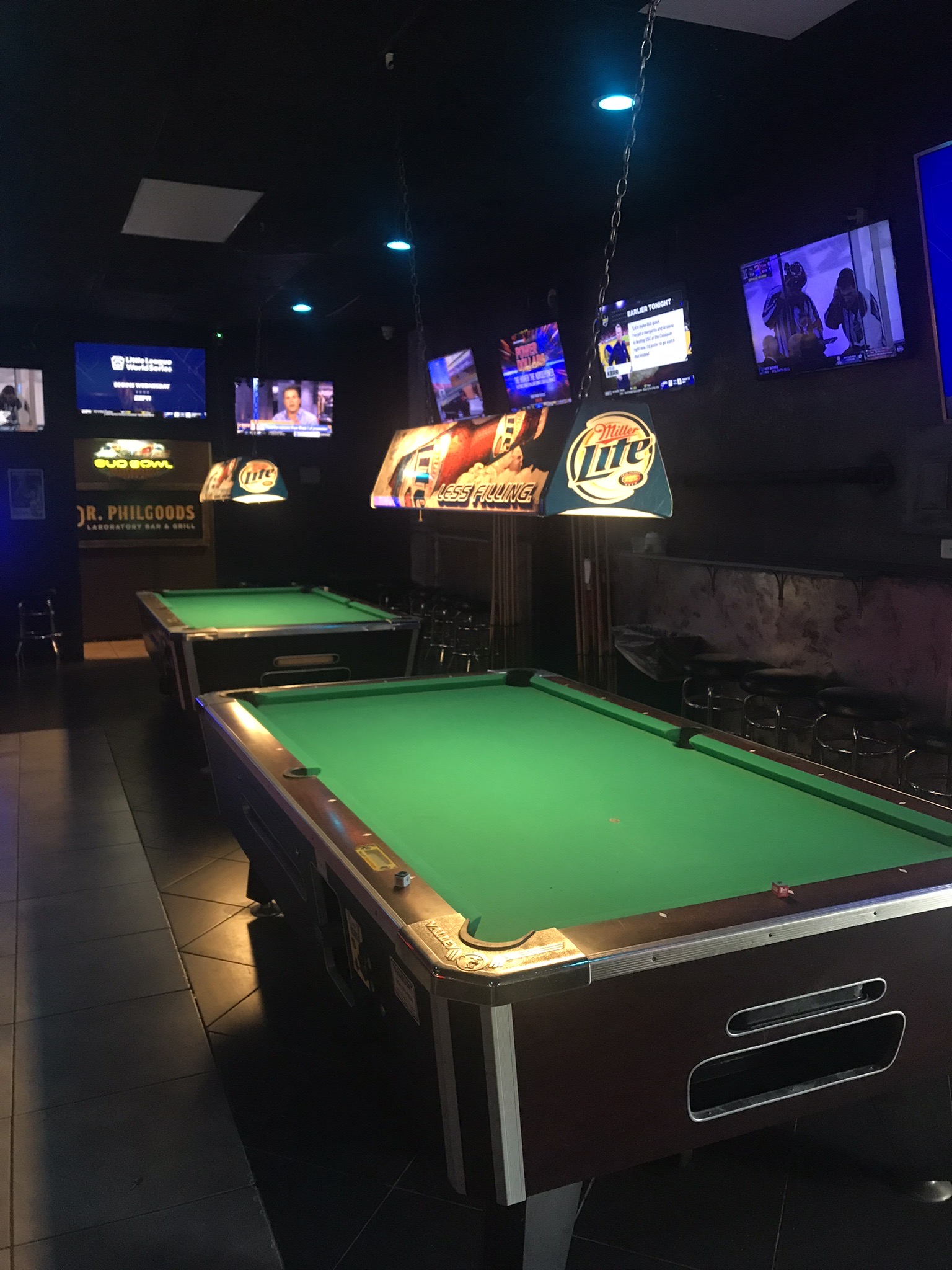 The pool tables at Dr.Philgoods Bar and Grill.